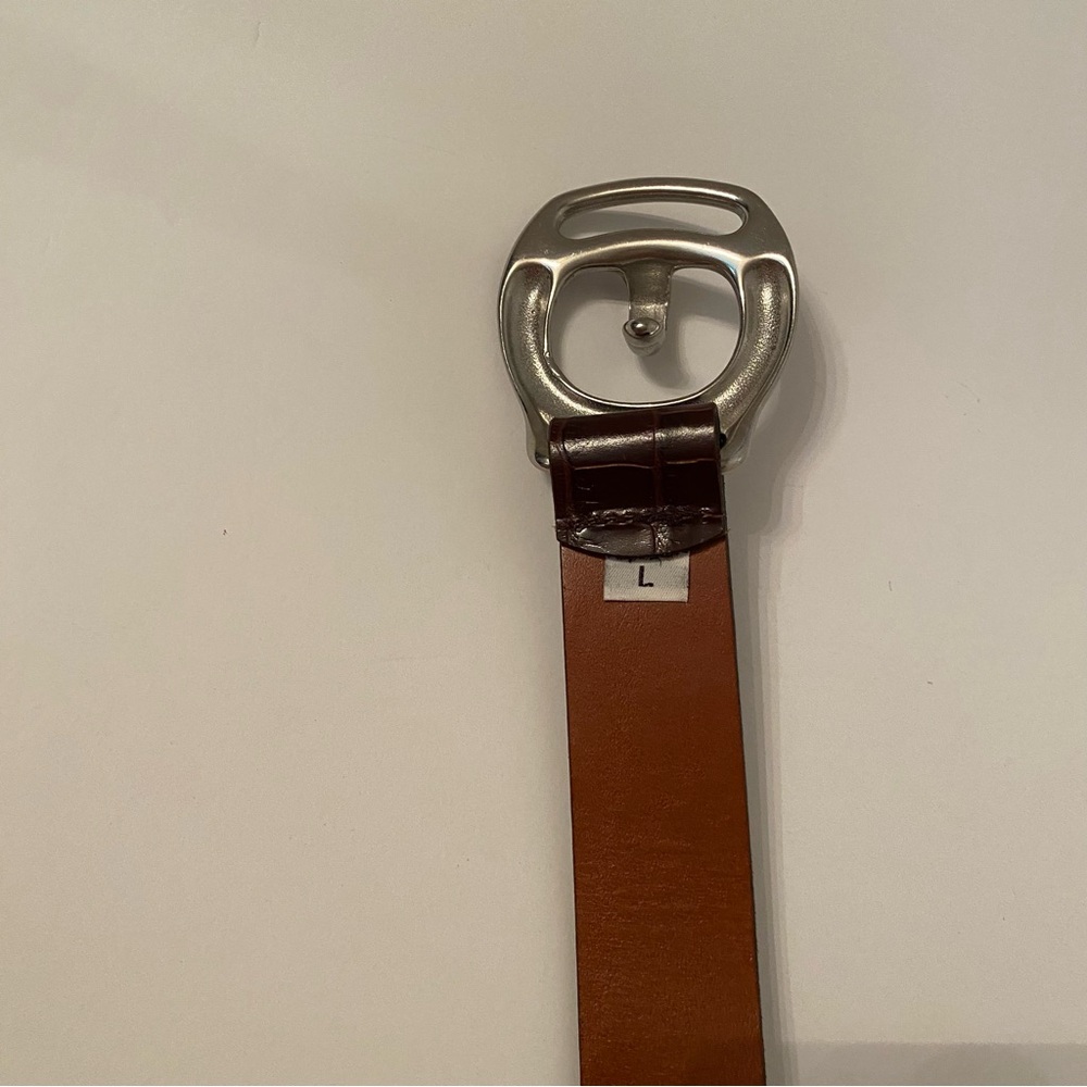 Brown Croc-Embossed Leather Belt with Silver Buckle - Picture 6 of 9